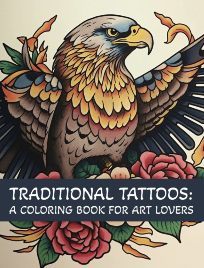 Bold, fierce-looking eagle, cover for Traditional tattoo coloring book