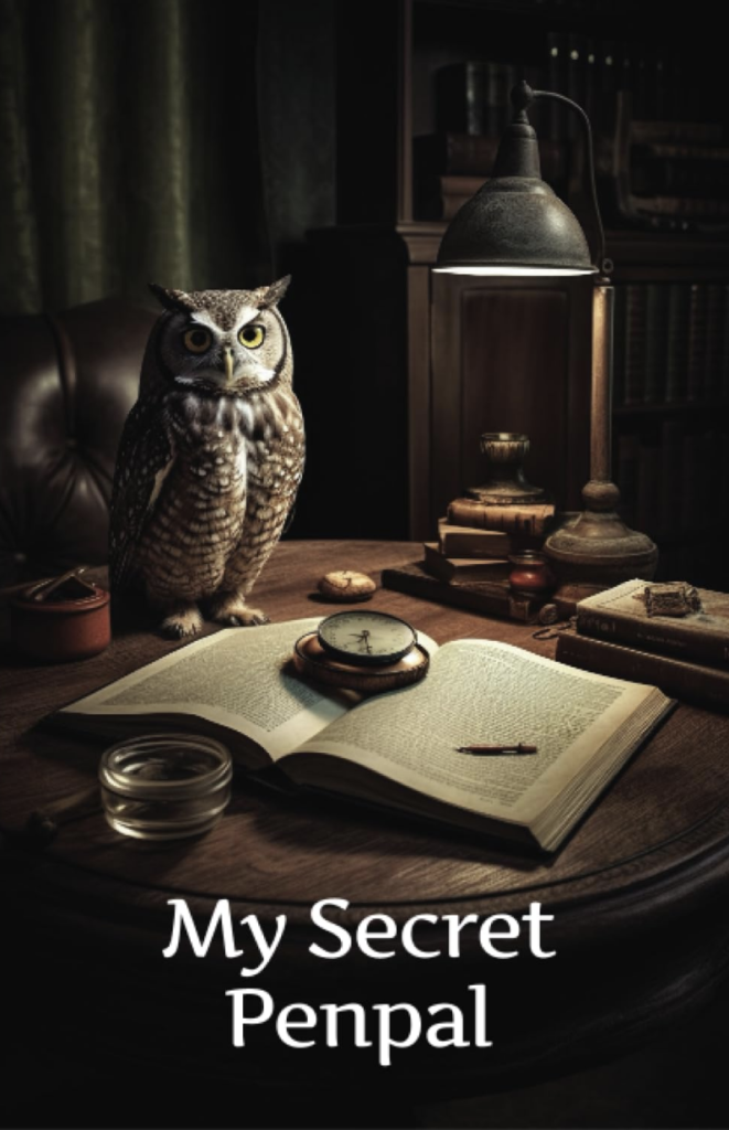Cover image of an owl perched on a table, the cover for My Secret Penpal password organizer